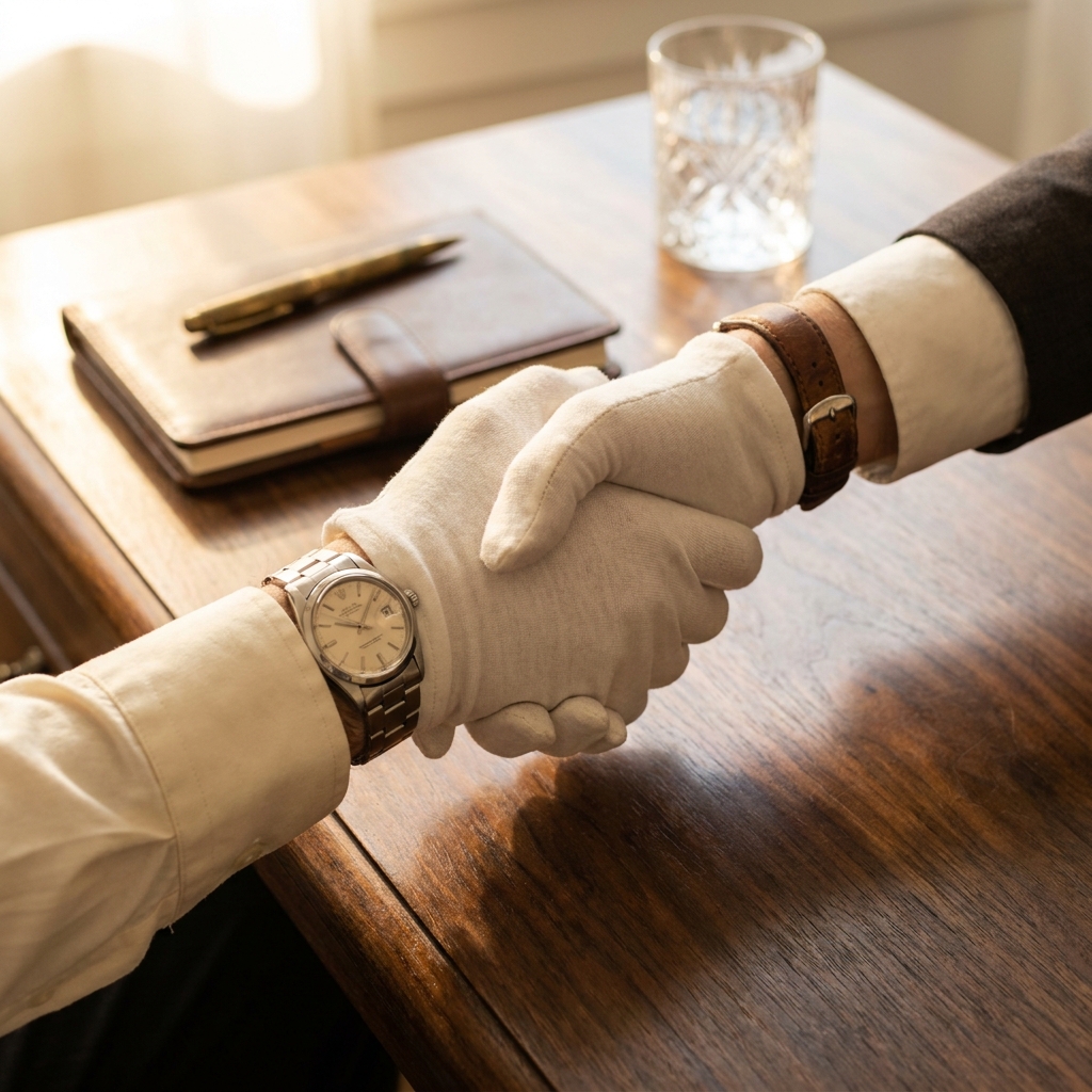 Two business professionals shaking hands across a wooden desk with a leather portfolio