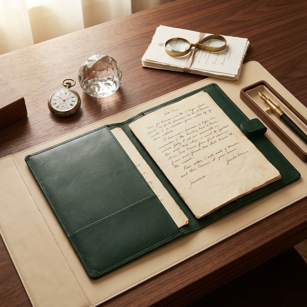 Leather portfolio with handwritten letters, fountain pen, and pocket watch on a desk