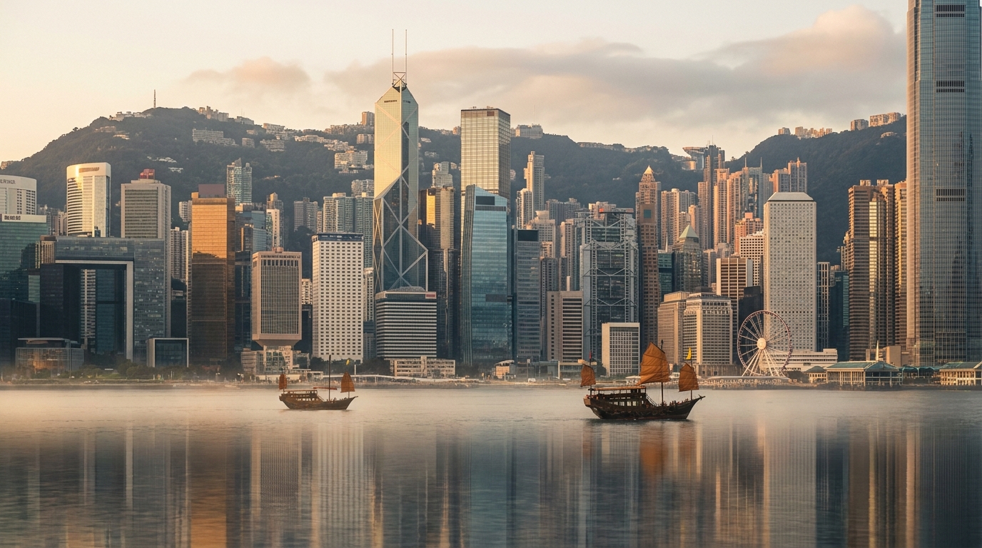 Hong Kong harbour skyline at sunrise with traditional junk boats
