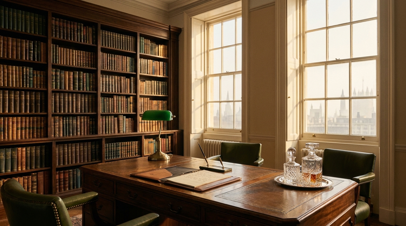 Classic study with floor-to-ceiling leather-bound books, green banker's lamp, and wooden desk