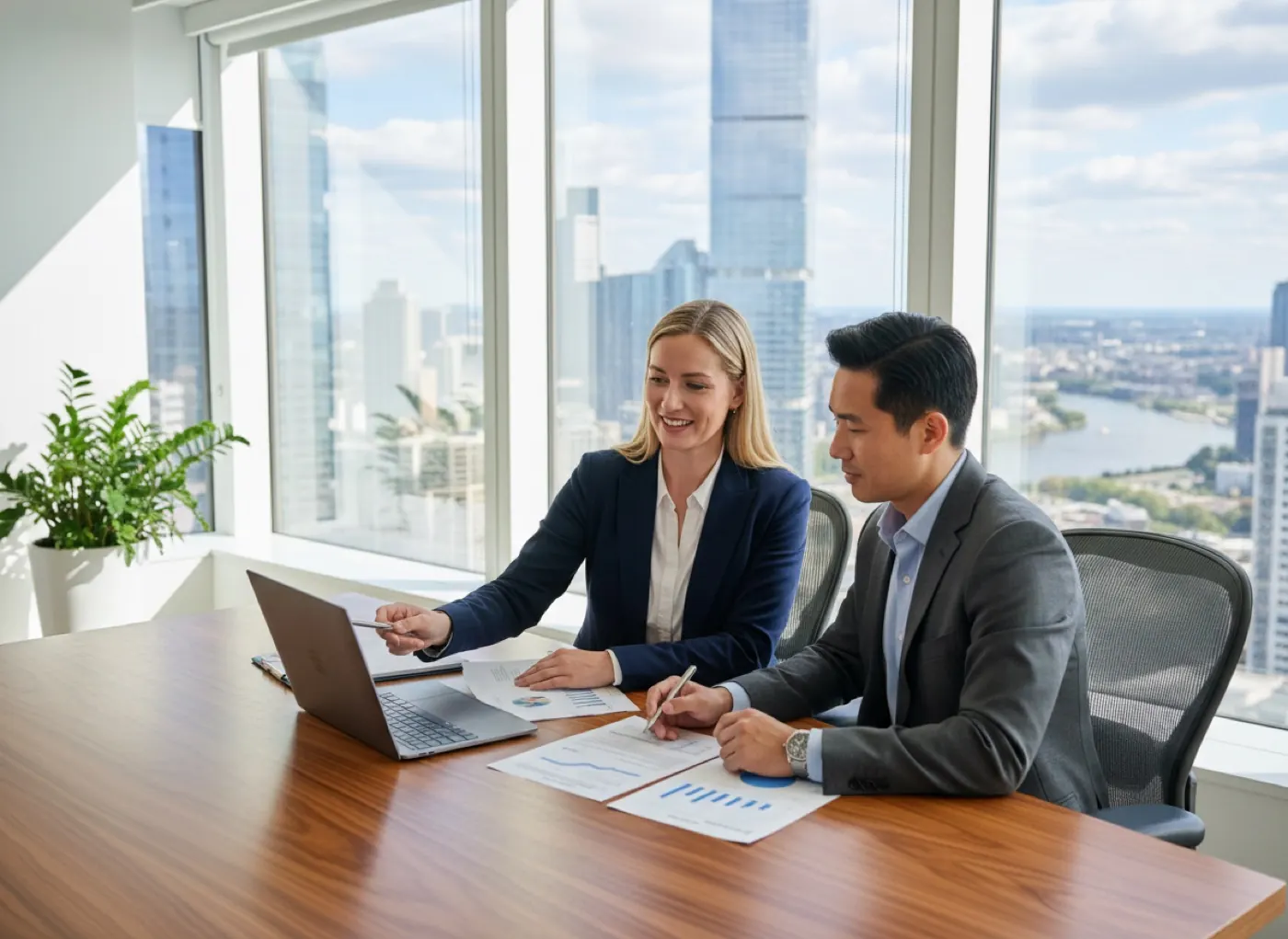 Two advisors reviewing deal materials together