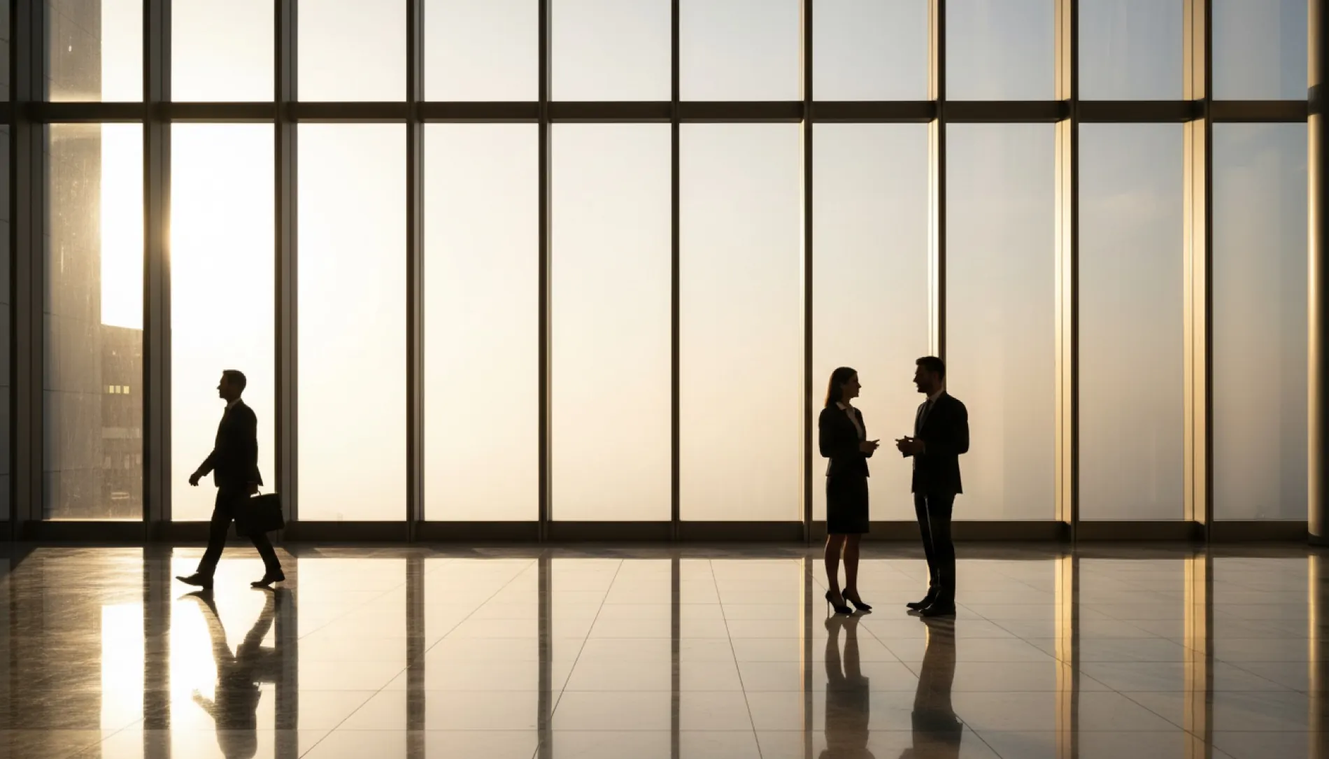 Business owners walking through a building lobby toward a meeting