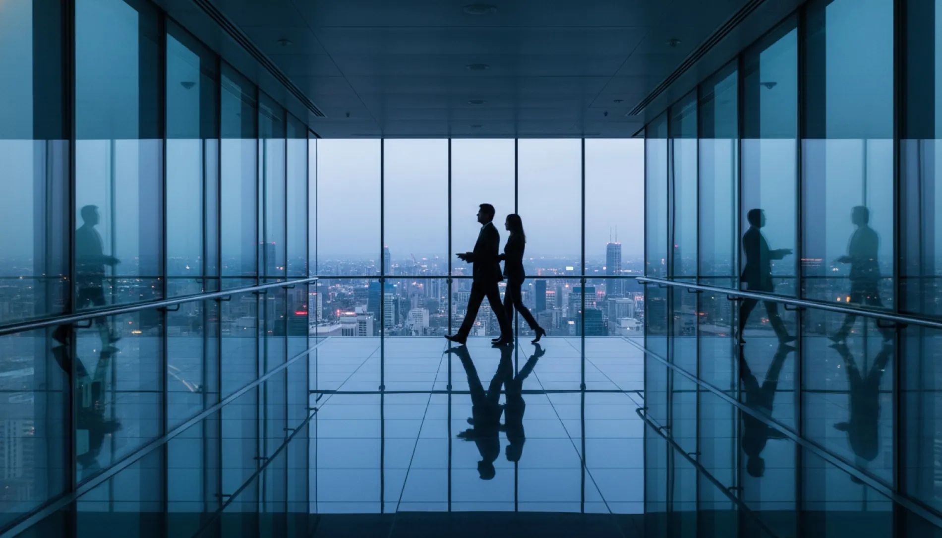 Buy-side professionals in conversation overlooking the city